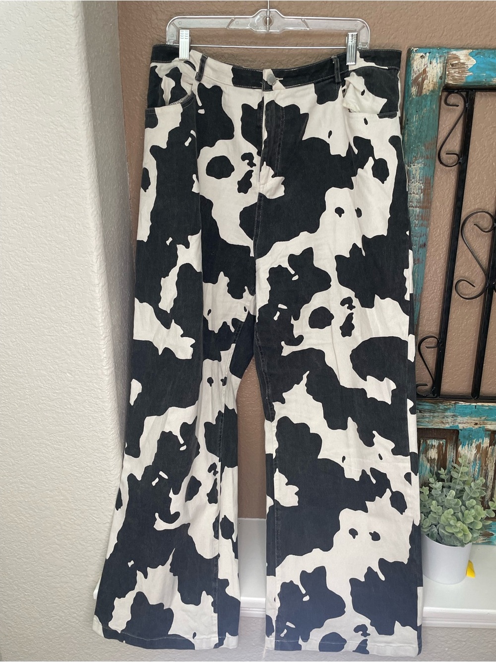 Wide-Leg Cow Print Pants for Women - Black & White